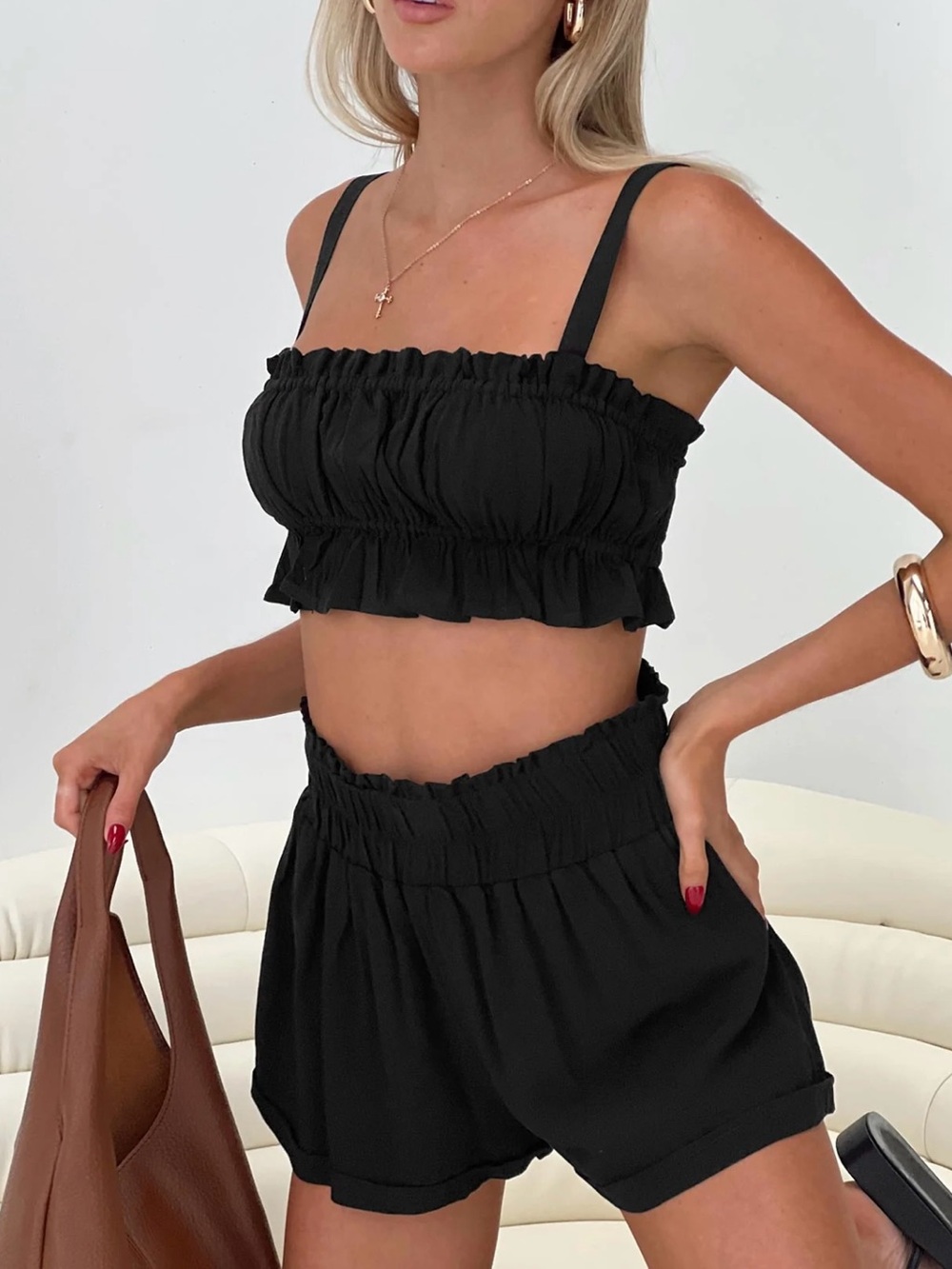 Princess Polly Black Ruffled Crop Tank Top and Shorts Set